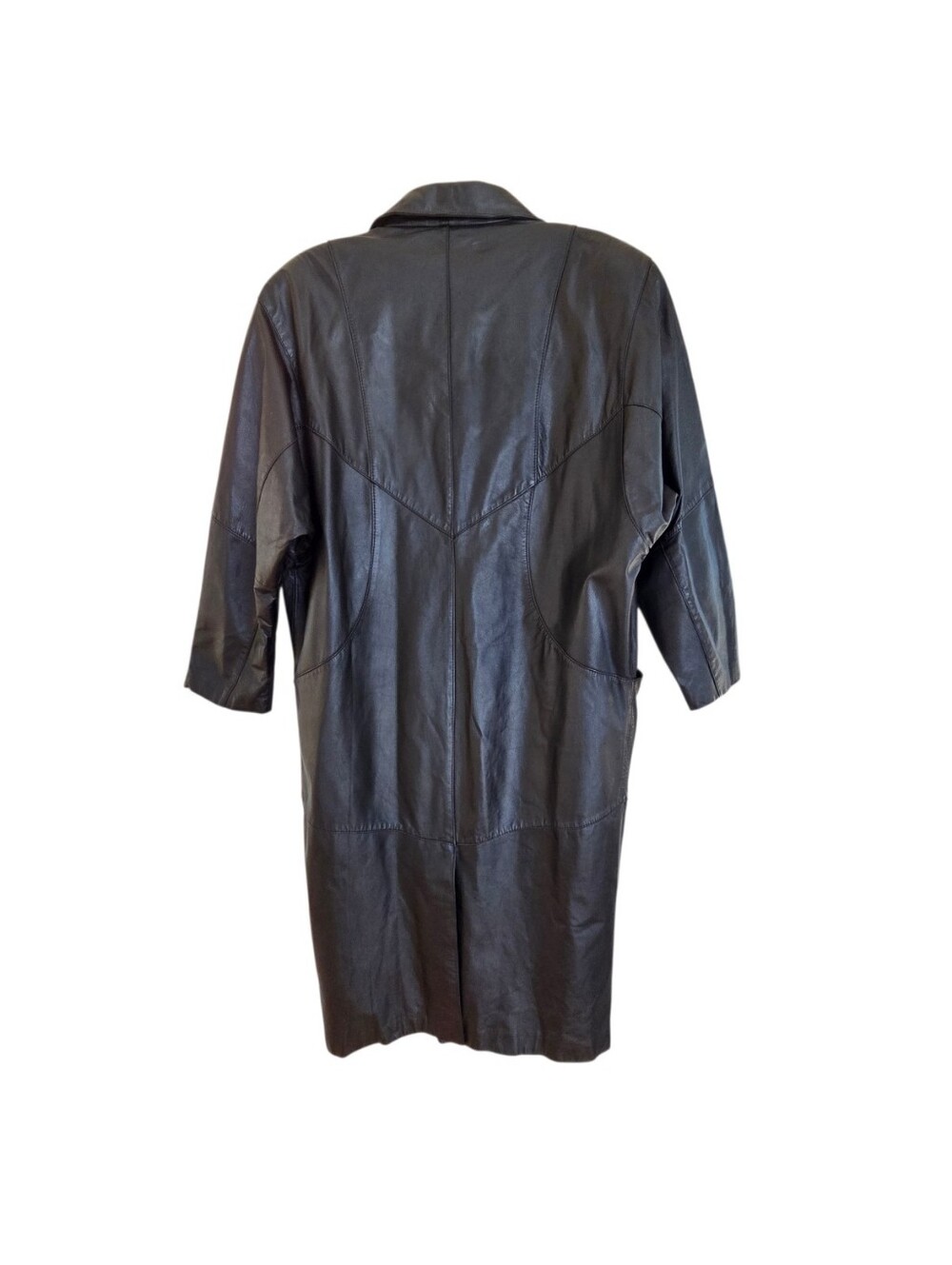 Vintage Long Leather Black Trench Coat Duster Pelle New York-Milano L STUNNING - Picture 4 of 16